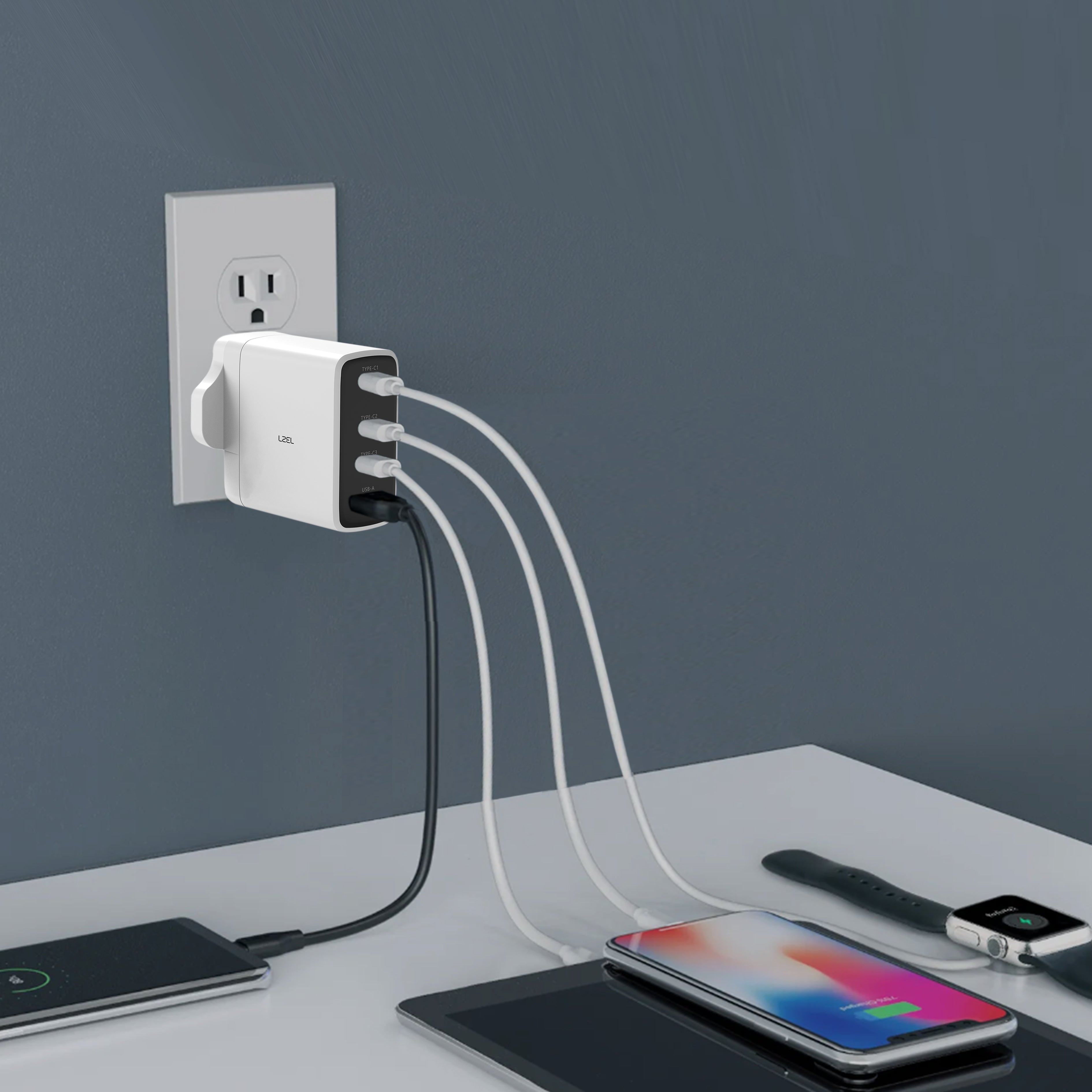 شاحن حائط فائق السرعة من ليزل بقوة 100 واط بأربع منافذ USB بتقنية GaN | أبيض شاحن حائط فائق السرعة من ليزل بقوة 100 واط بأربع منافذ USB بتقنية GaN | أبيض